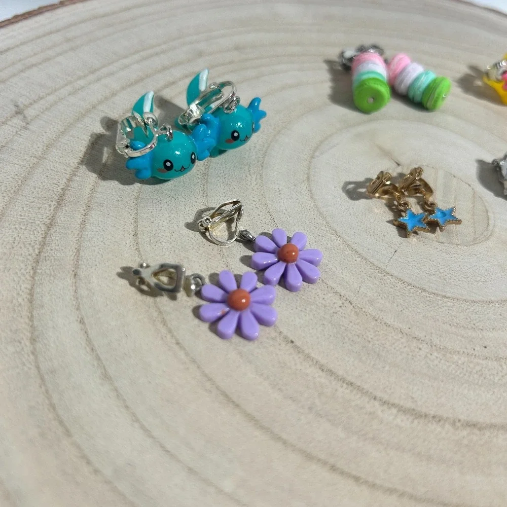 Girls Clip On Earring Lot Of‎ 6 Pair | Axolotls Flowers Macarons Hearts Stars